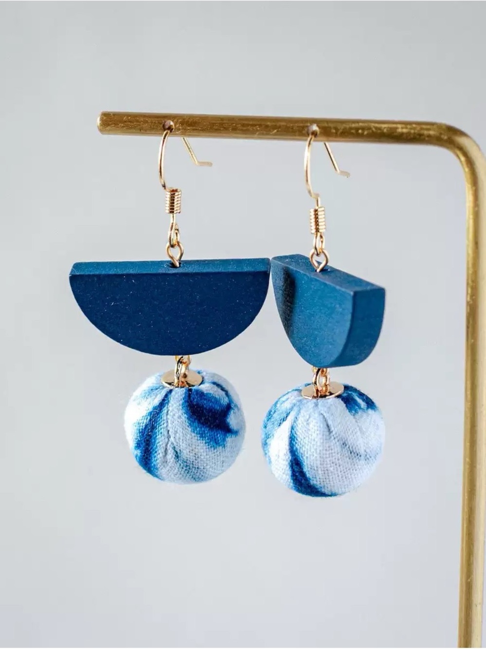 Blue Geometric Drop Earrings with Fabric Spheres